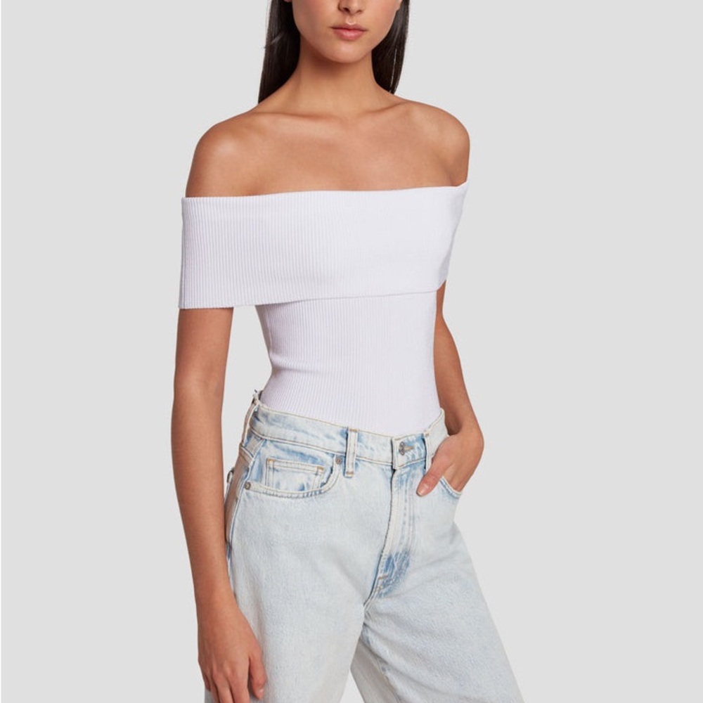 7 For All Mankind Off The Shoulder Ribbed Top in Bright White